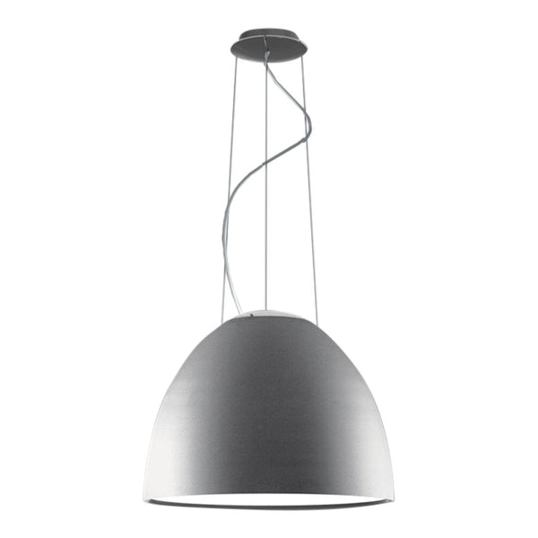 Sleek silver pendant lamp with a smooth, dome-shaped design and elegant, twisted cable. Perfect for modern decor.