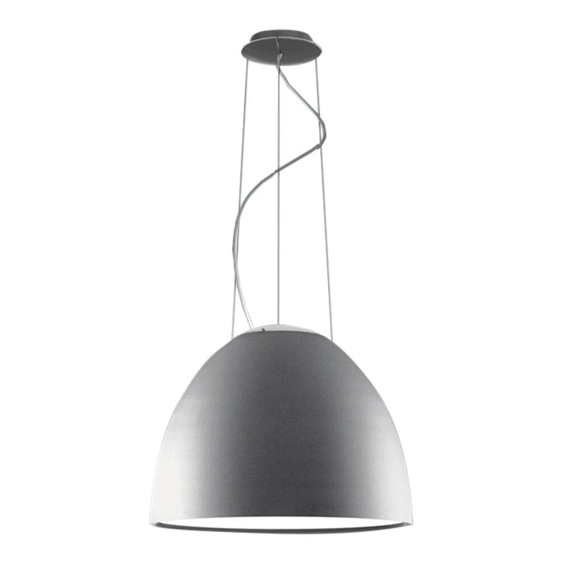 Sleek silver pendant lamp with a smooth, dome-shaped design and elegant, twisted cable. Perfect for modern decor.