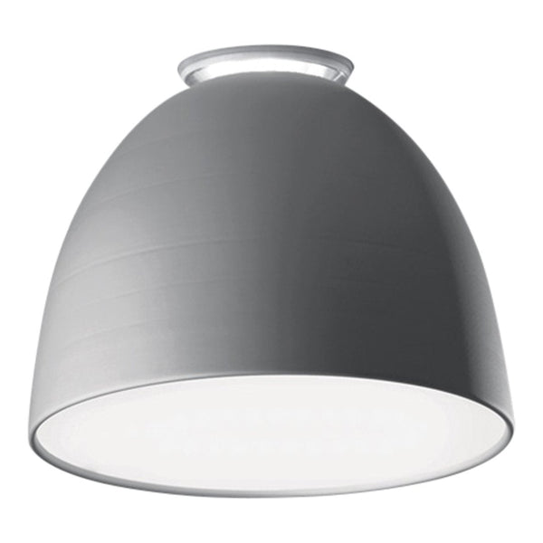 Gray metal pendant light with a sleek, smooth finish and white inner shade for modern decor.