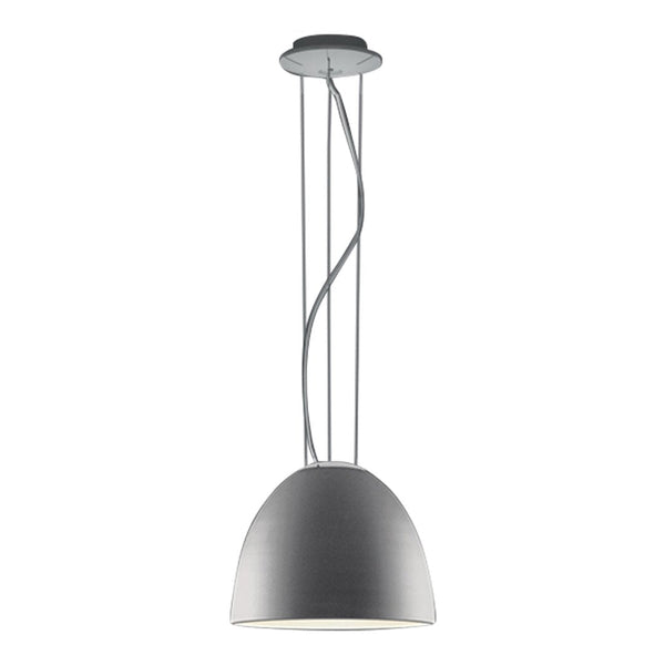 Gray pendant lamp with a modern design, featuring a smooth, dome-shaped shade and sleek metal accents.