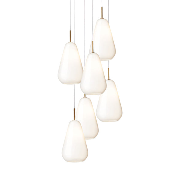 "Elegant white glass pendant light set with gold accents, featuring a modern teardrop shape and smooth finish."