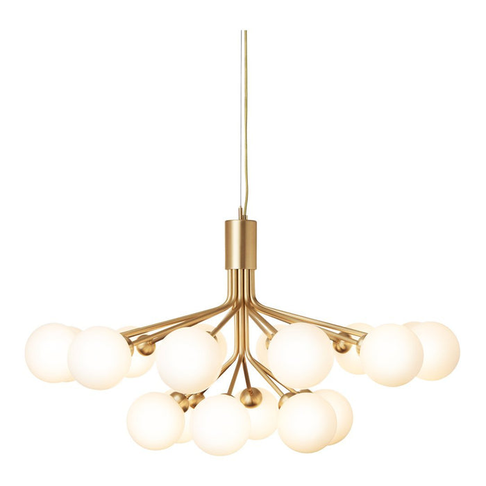 Modern chandelier with a sleek gold finish and white round glass globes, featuring a minimalist design.