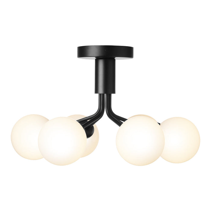 Modern black ceiling light fixture with four white globe shades for a sleek, contemporary look.