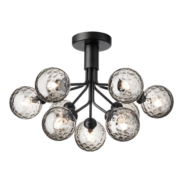 Elegant black chandelier featuring nine textured glass globes with a smoky finish and diamond-patterned surface.