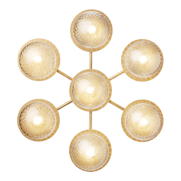 Gold chandelier with six circular light fixtures, featuring intricate patterns and a modern design.