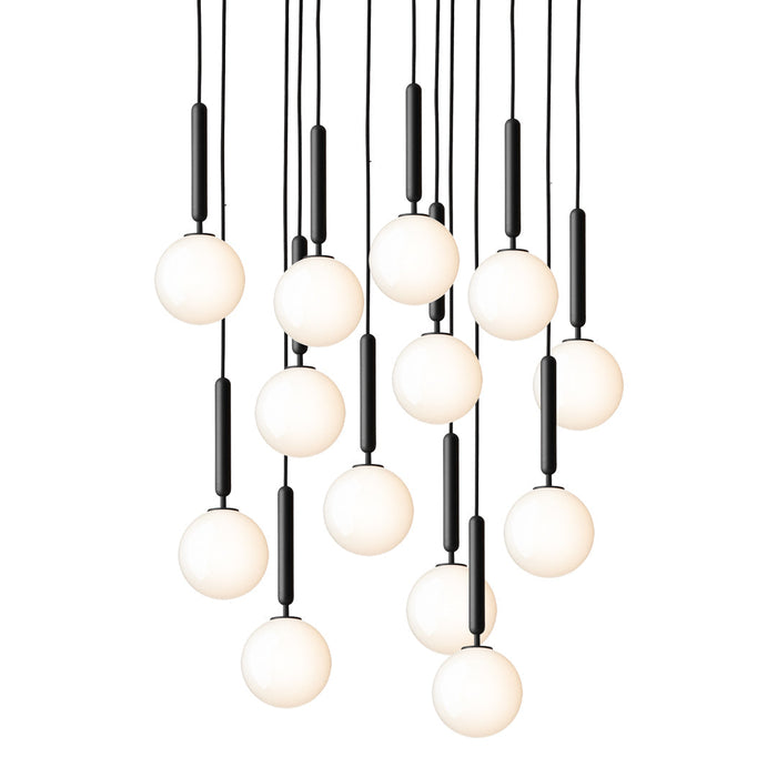 Modern pendant light featuring sleek black cables and round white glass bulbs, creating a minimalist and elegant design.