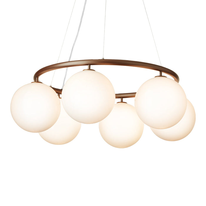 Modern pendant light featuring six frosted white globes on a sleek bronze finish. Perfect for contemporary decor.