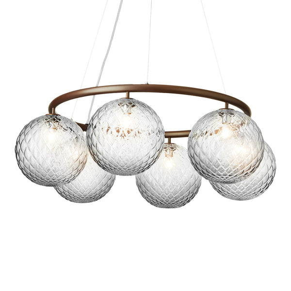 Clear glass globe pendant light with diamond pattern, featuring a sleek bronze circular frame.