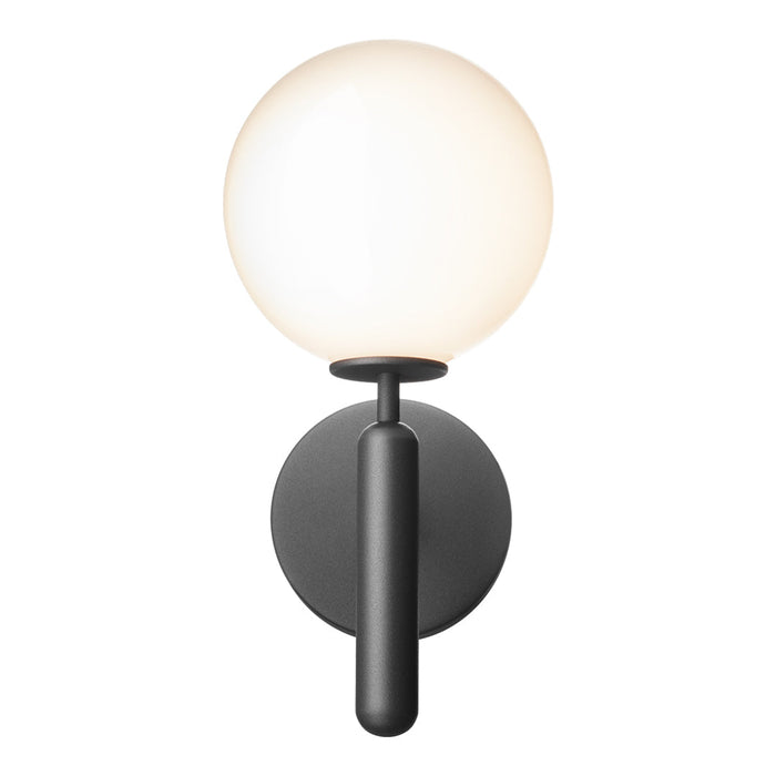 Sleek black wall sconce with a round white glass globe, perfect for modern decor.
