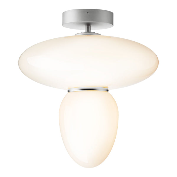Sleek white glass pendant lamp with a smooth, minimalist design and subtle silver accents, perfect for modern decor.