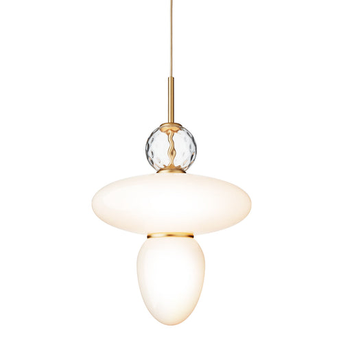White glass pendant light with gold accents and a clear spherical detail, featuring a smooth, modern shape.