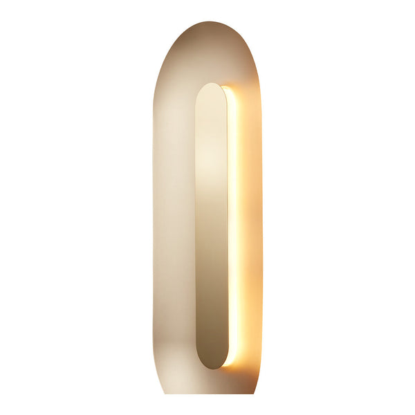 Modern, rounded wall lamp in soft beige, featuring a sleek, lighted interior for a minimalist aesthetic.