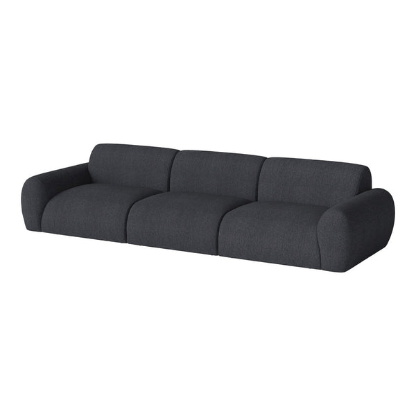 Dark gray fabric sofa with curved edges, featuring a smooth, textured pattern for a modern look.