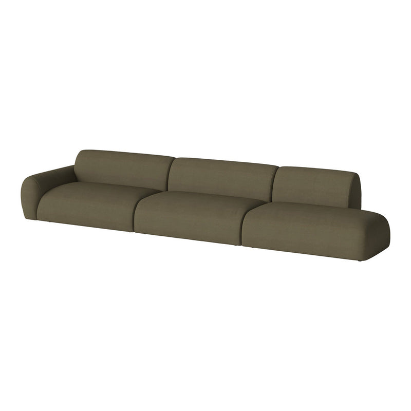 Olive green modular sofa with smooth, rounded edges and a textured fabric pattern for a modern look.
