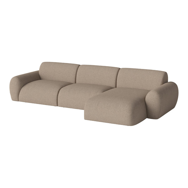 Beige fabric sectional sofa with smooth, seamless curves and a minimalist design aesthetic. Perfect for modern interiors.