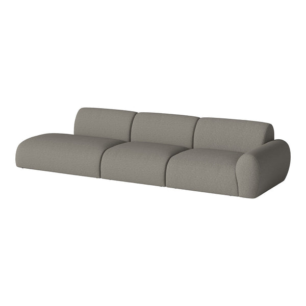 Gray upholstered sofa with soft curves and seamless design, perfect for modern living spaces.