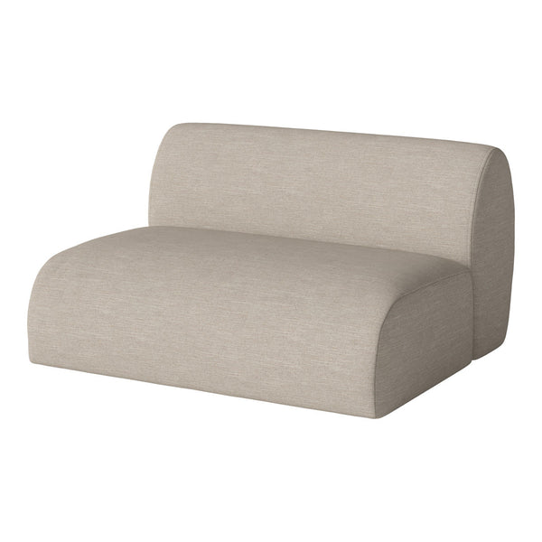 Beige upholstered modular sofa with a smooth, textured fabric and minimalist design. Perfect for modern decor.