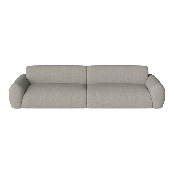 Light gray, textured fabric sofa with smooth, rounded arms and modern minimalist design.