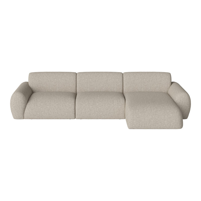 Beige sectional sofa with a subtle textured pattern, featuring rounded arms and a modern design.