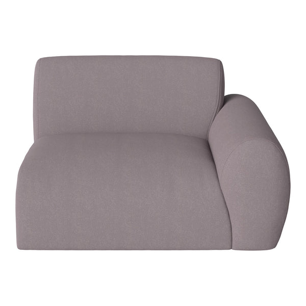 Muted lavender fabric armchair with smooth, modern contours and a soft texture. Perfect for contemporary decor.