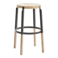 Natural wood top with black metal legs and light wood accents, featuring a sleek, modern design.