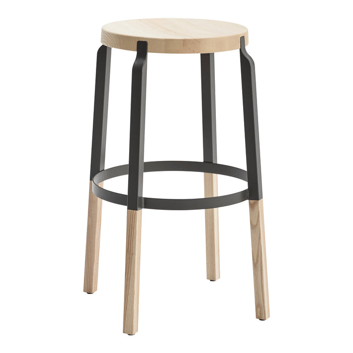 Natural wood top with black metal legs and natural wood accents, features a minimalist design.