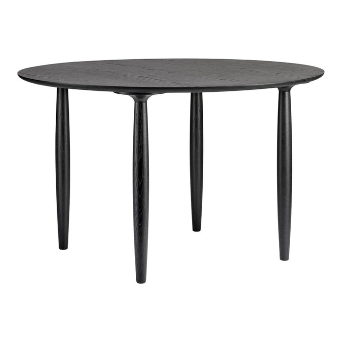 Round black dining table with a smooth finish and sleek, tapered legs. Modern minimalist design for any space.