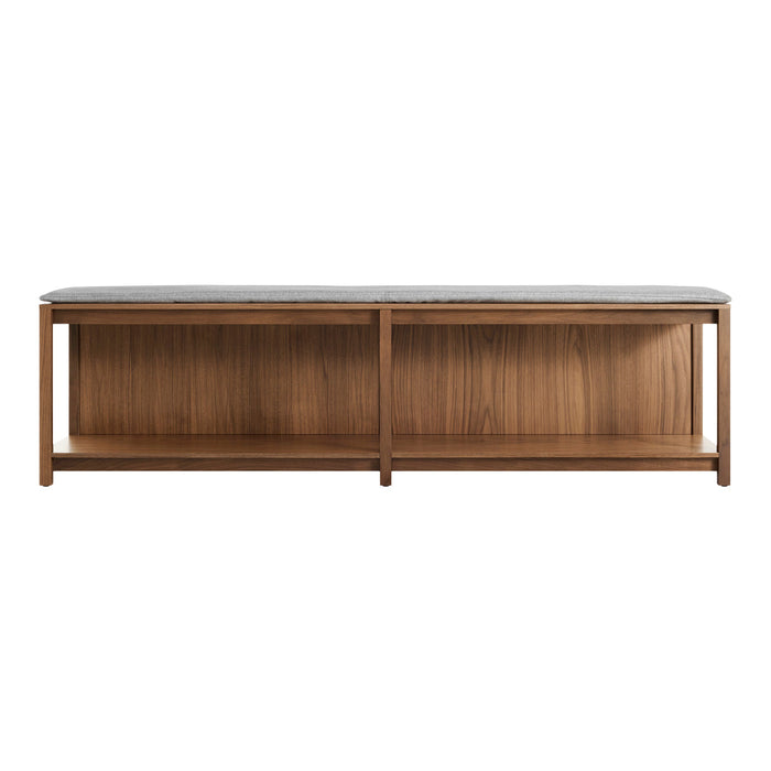 Walnut wood base with gray fabric cushion, featuring a smooth, clean finish and modern design elements.