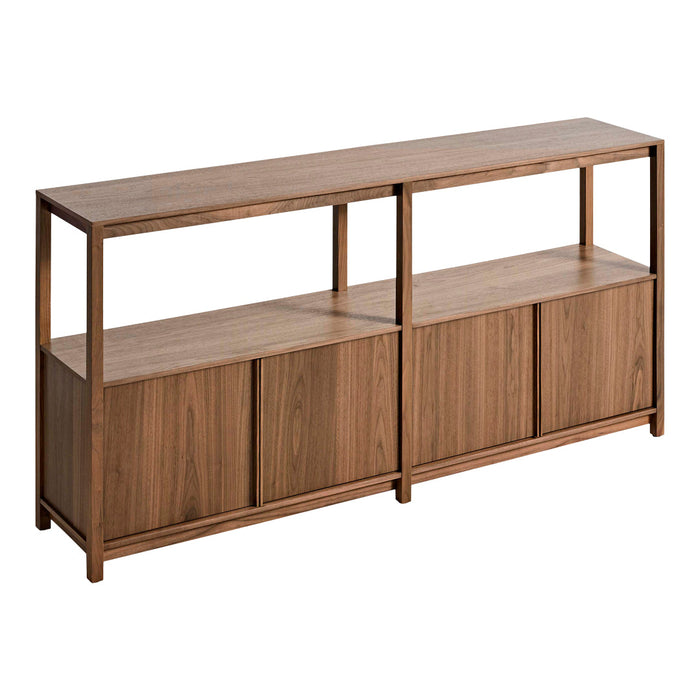 Modern wooden sideboard in warm oak finish with clean lines and a mix of open and closed storage.