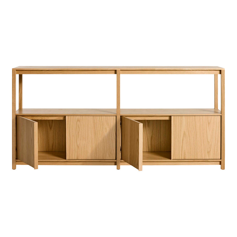 Light wood sideboard featuring a minimalist design with two open shelves and four square, light-colored cabinet doors.