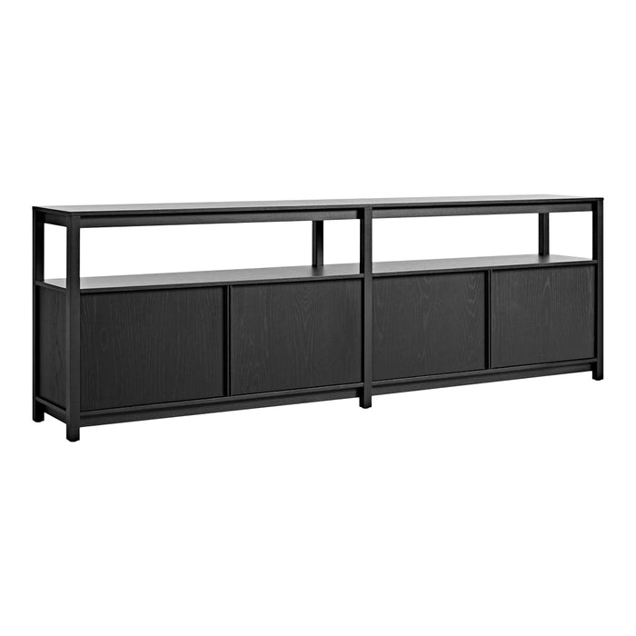 Black wooden storage cabinet with a sleek, modern design, featuring a combination of open and closed shelving.