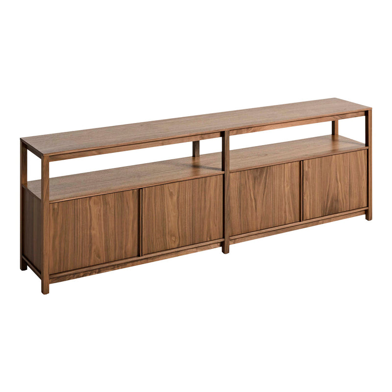 Wooden TV stand in rich walnut finish with smooth surfaces and minimalist design. No visible patterns.