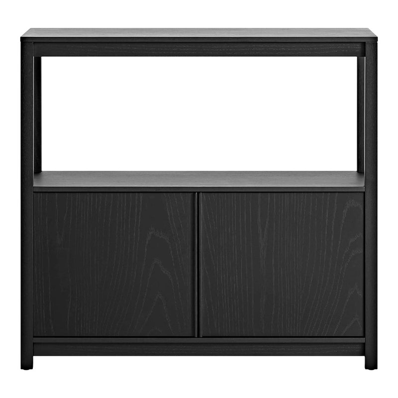 Sleek black wood cabinet with smooth finish and no visible patterns. Modern design with open and closed storage options.