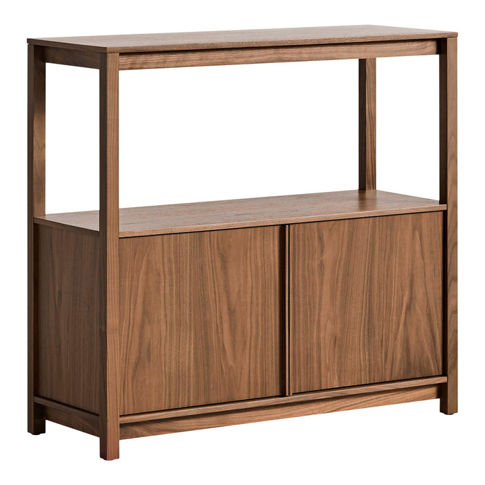 Wooden console table in rich walnut finish with smooth, minimalist design and subtle grain patterns.