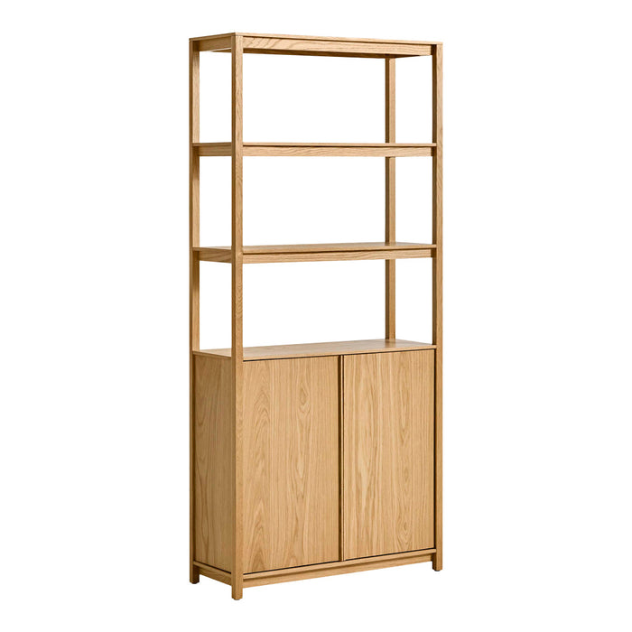 Light oak bookshelf with a minimalistic design, featuring open shelves and two closed cabinets. Simple and elegant finish.