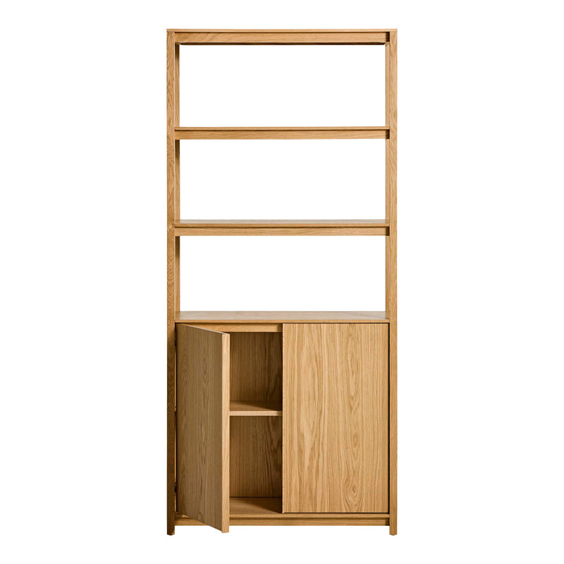 Light oak wood bookshelf with natural wood grain, featuring a minimalist design and open shelving.