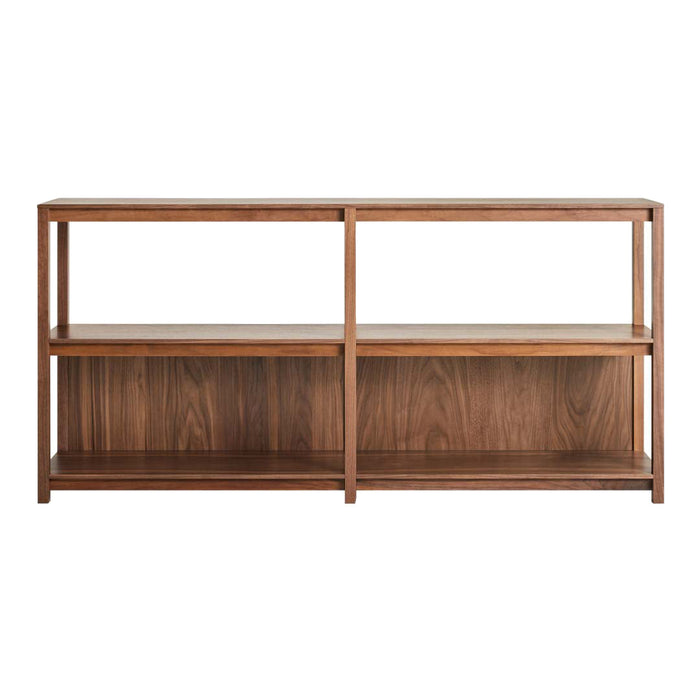 "Modern walnut wood shelf with a sleek, minimalist design and rich brown hues, featuring open space for display."