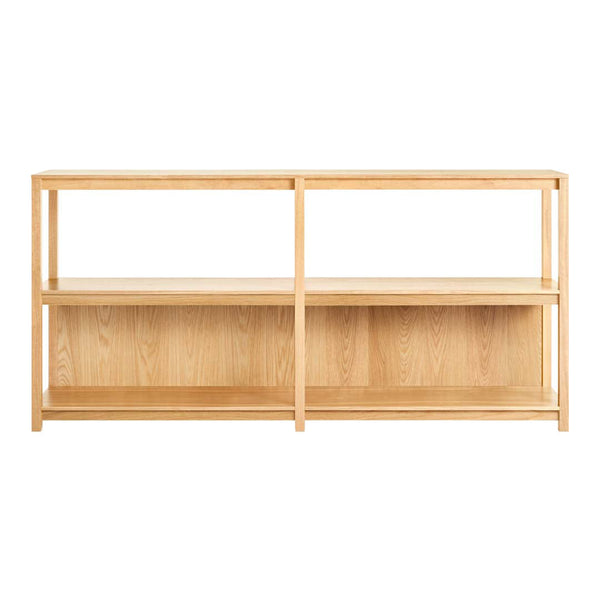 Light natural wood console table with a minimalist design, featuring a warm oak finish and simple, clean lines.