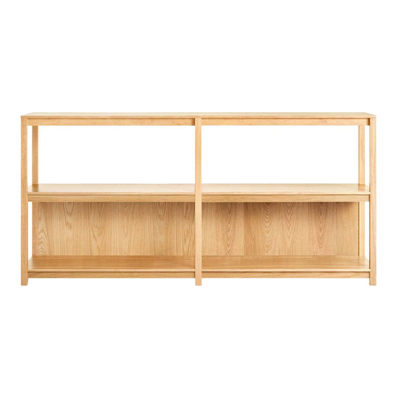 Light natural wood console table with a minimalist design, featuring a warm oak finish and simple, clean lines.