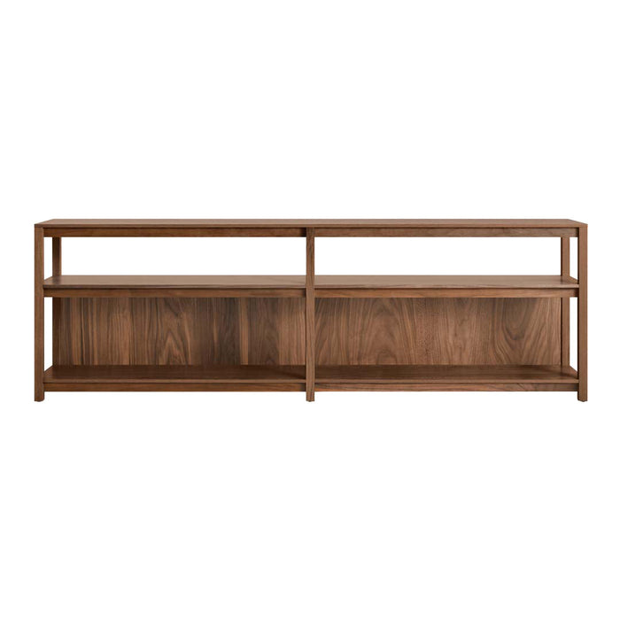 Walnut wood TV stand with a smooth grain finish, featuring an open design and minimalistic pattern.