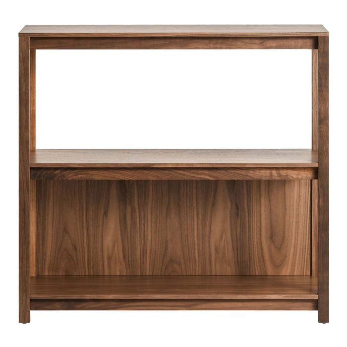 Walnut wood console table with a smooth finish and sleek, modern design; featuring rich brown tones and natural grain patterns.