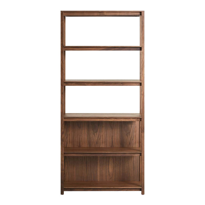Wooden bookshelf in rich walnut finish, featuring smooth lines and natural grain patterns. Ideal for modern decor.