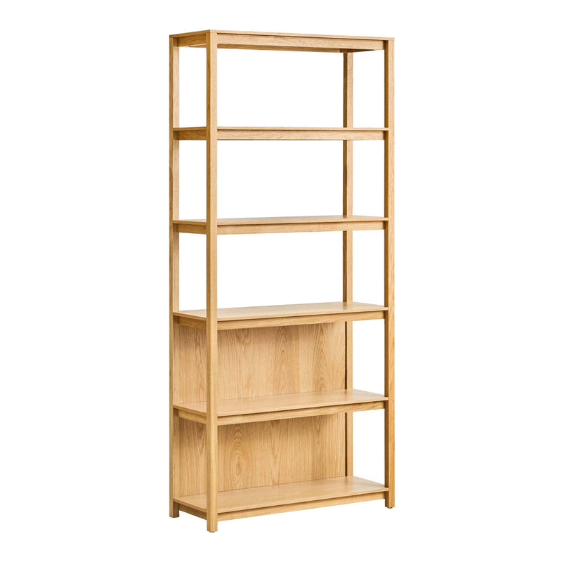 Natural wood bookshelf in light oak finish with a clean, minimalist design and four open shelves.