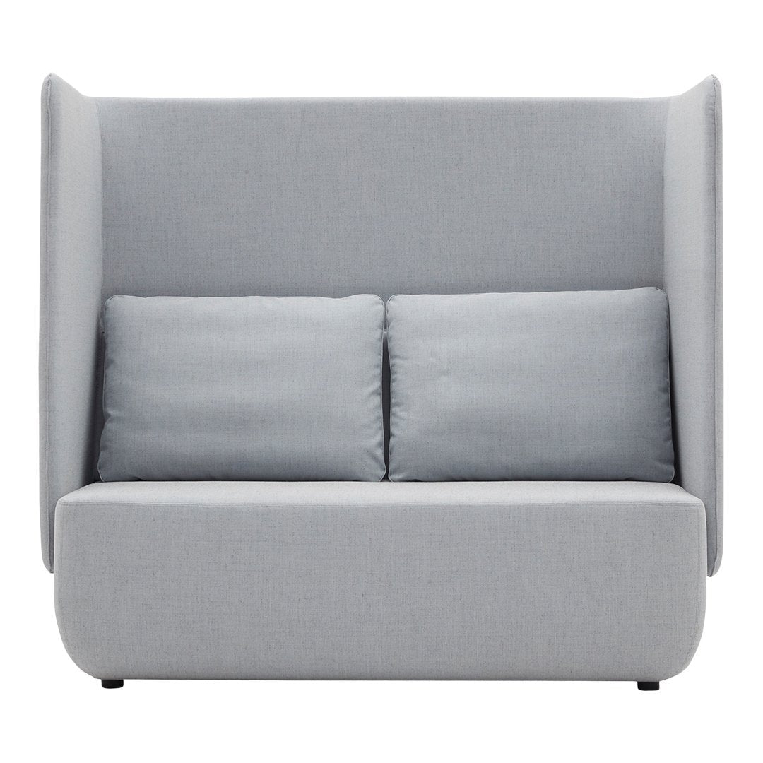 Stylish light gray upholstered two-seat sofa with smooth fabric and minimalist design. Perfect for modern spaces.