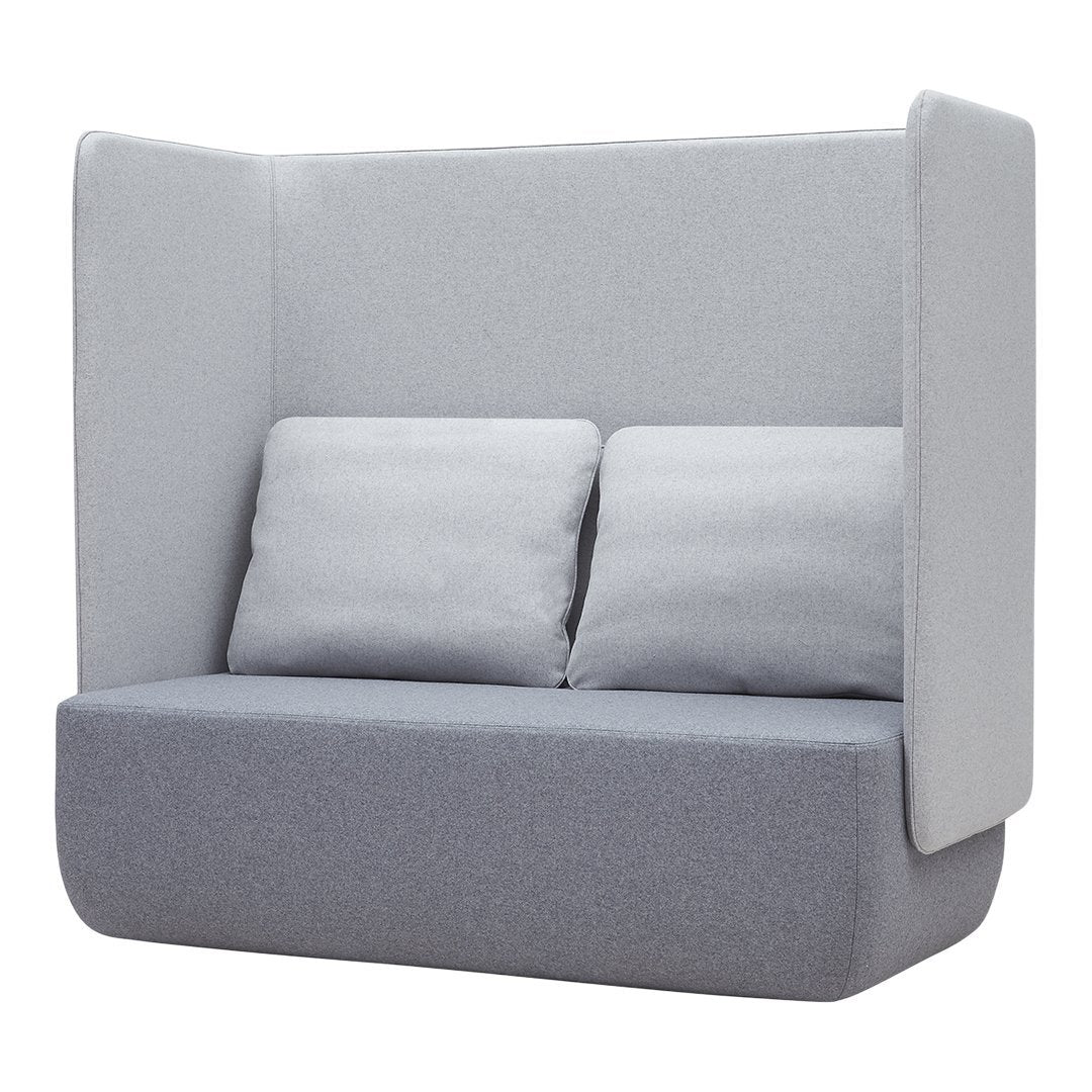 Stylish gray upholstered booth sofa with soft cushions, featuring a minimalist design and smooth textures.