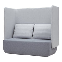 Stylish gray upholstered booth sofa with soft cushions, featuring a minimalist design and smooth textures.