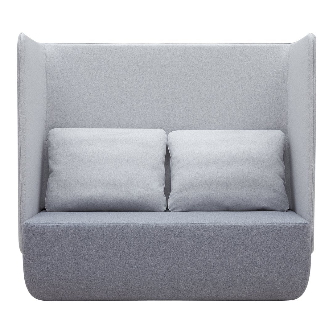 "Modern gray upholstered sofa with white cushions, clean lines, and minimalist design."