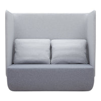"Modern gray upholstered sofa with white cushions, clean lines, and minimalist design."