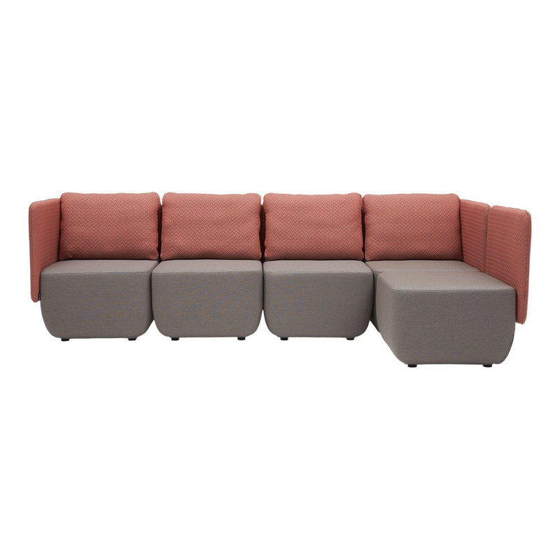 Modern sectional sofa featuring a blend of coral pink and gray fabrics with a sleek, minimalist design.