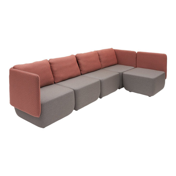 Modern sectional sofa featuring a coral and gray color scheme with soft textured fabrics and clean, minimalistic lines.